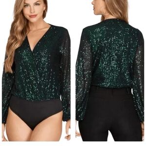 Rachel Zoe Women's Sequin Long Sleeve Wrap Top Bodysuit Green Black Size S